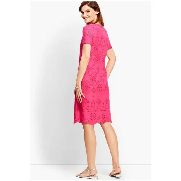 Talbots Size 16 Embroidered Eyelet Lace Tee Shirt Dress Hot Pink Spring Vacation - Picture 2 of 15
